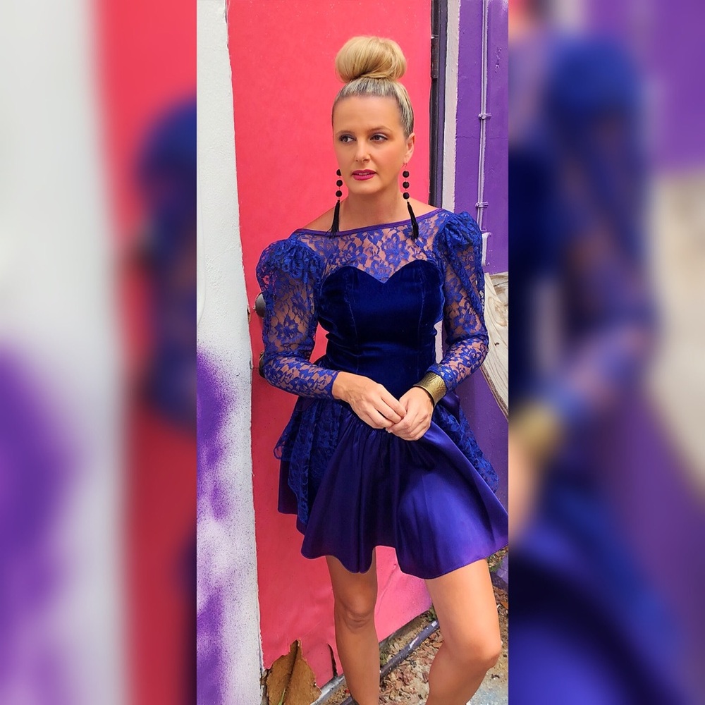 Vintage Prom Dress 80’s Blue Velvet and Lace